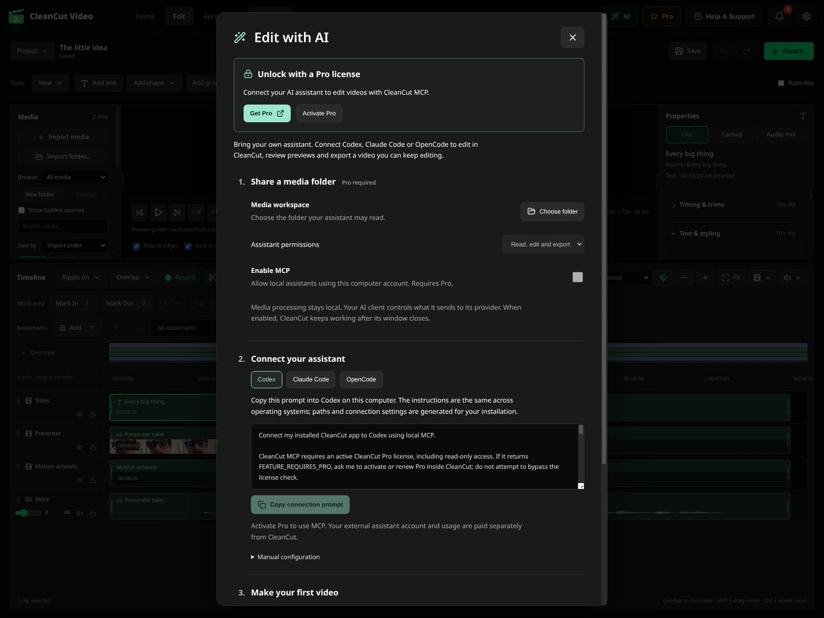 CleanCut AI connection screen with client selection and shared projects