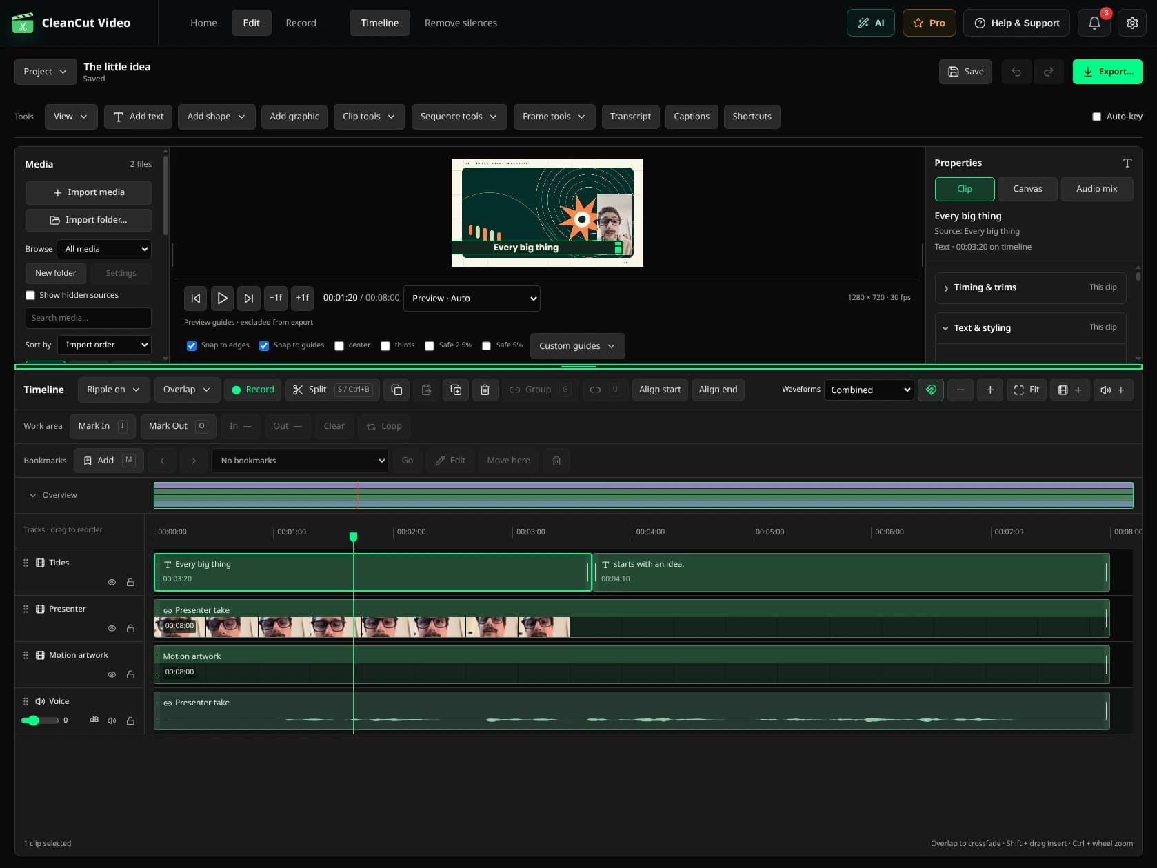CleanCut multitrack editor with a native title, video and audio