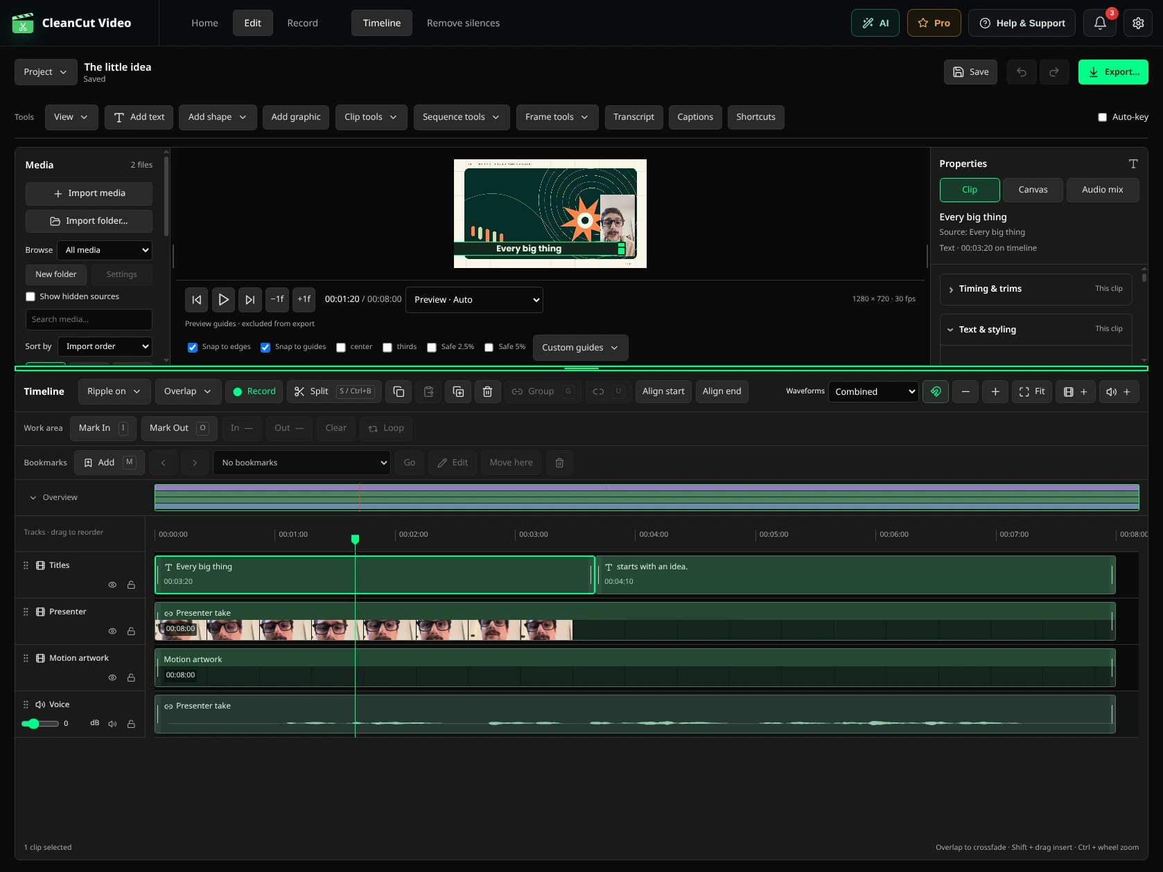 Real CleanCut 1.5 project with native titles, presenter footage and linked video and voice tracks